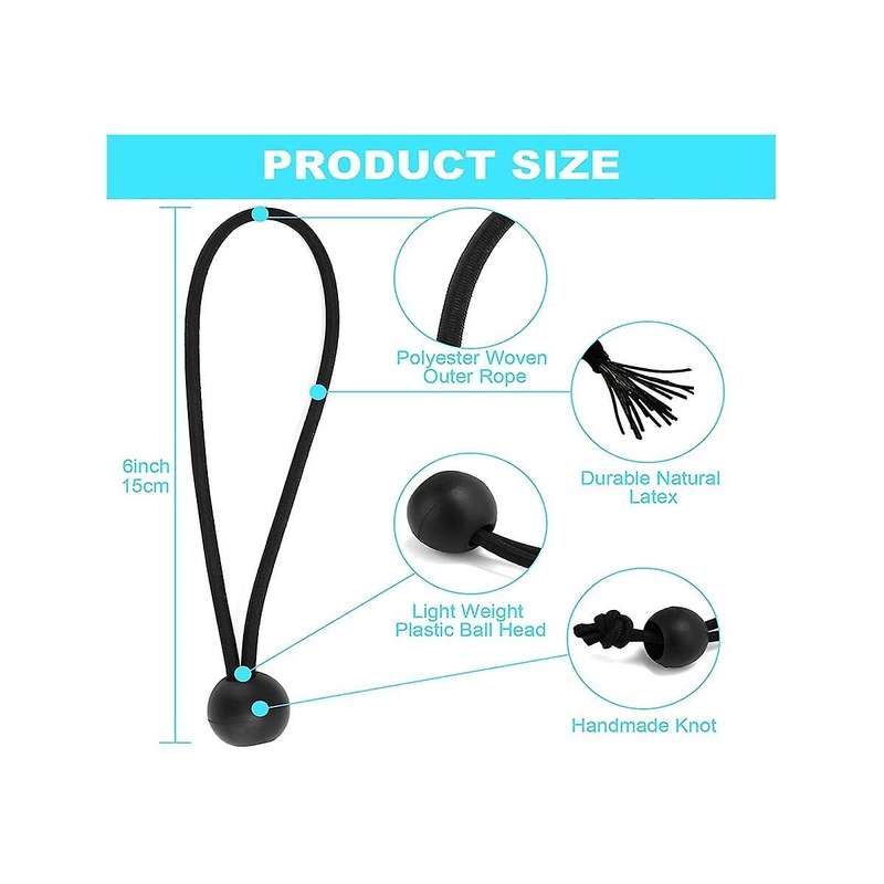 Ball Bungee Cords 6 Inch, 50 Pcs Heavy Duty Bungee Balls, Tarp Bungee with Balls, Black High Elasti