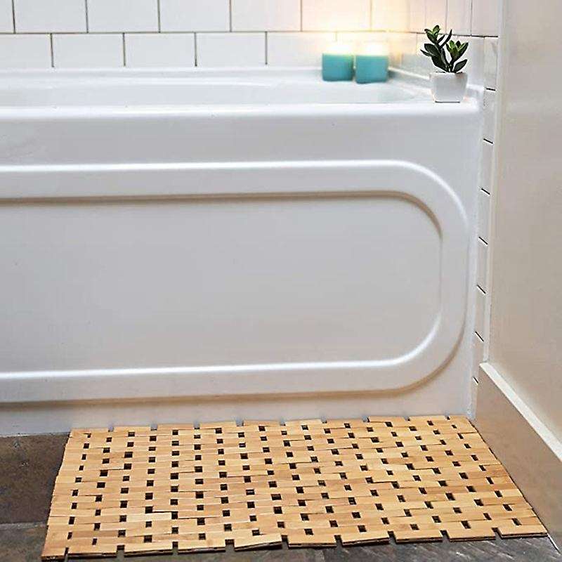 Bamboo Bath Mat Silicone Anti Slip Pads Roll Up Wooden Bath Mats Boho Bamboo Decor Shower Mats For
