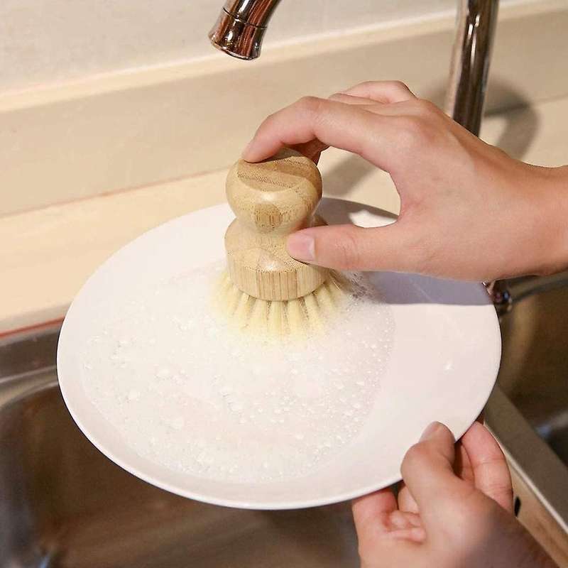 Bamboo Dish Brush 2pcs Bamboo Mini Scrub Brush Pot Brushes Dish Scrubber for Iron , Kitchen Sink, B