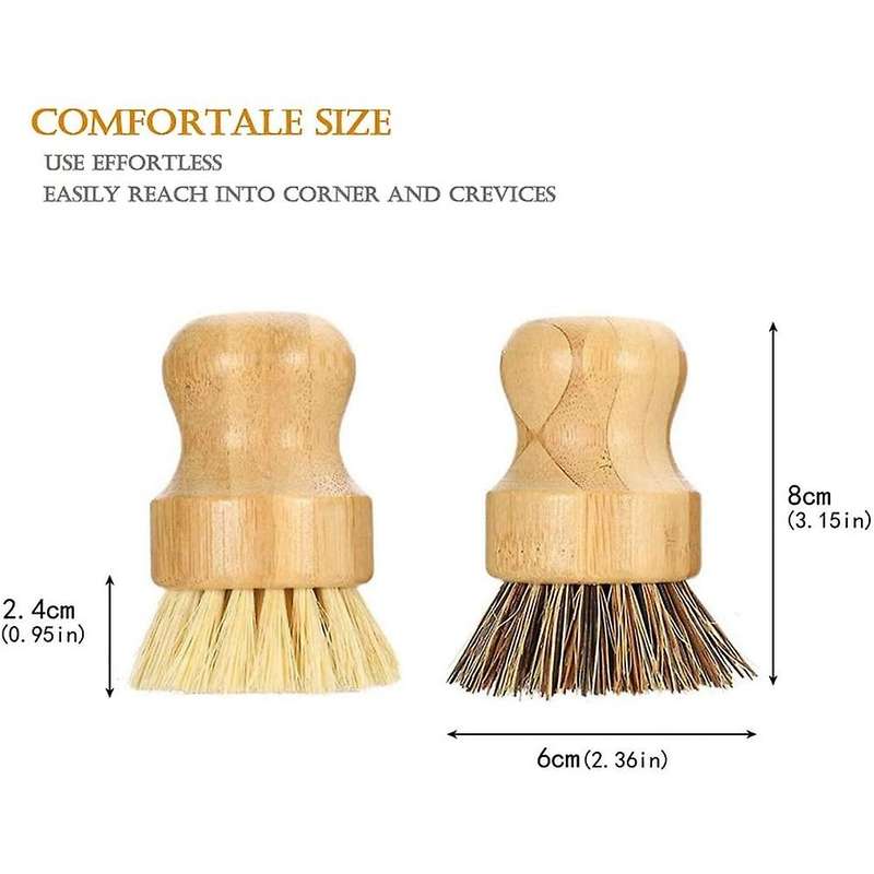 Bamboo Dish Brush 2pcs Bamboo Mini Scrub Brush Pot Brushes Dish Scrubber for Iron , Kitchen Sink, B