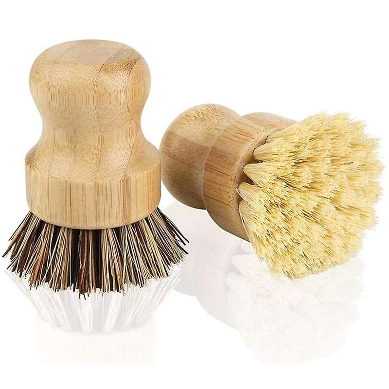 Bamboo Dish Brush 2pcs Bamboo Mini Scrub Brush Pot Brushes Dish Scrubber for Iron , Kitchen Sink, B