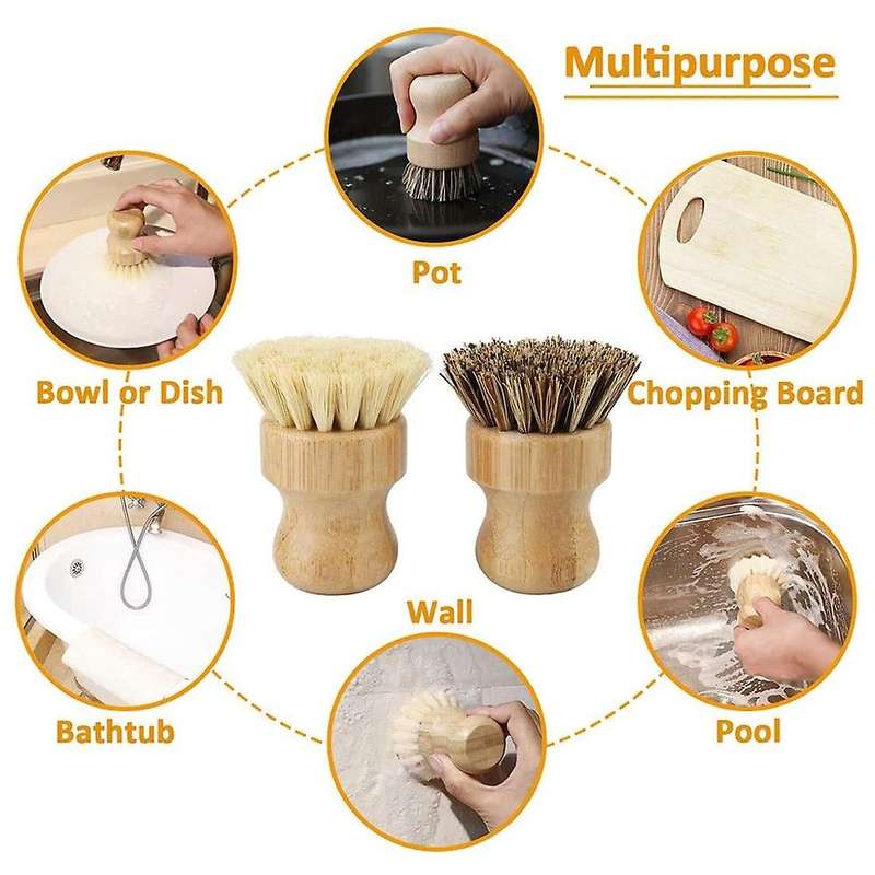 Bamboo Dish Brush 2pcs Bamboo Mini Scrub Brush Pot Brushes Dish Scrubber for Iron , Kitchen Sink, B