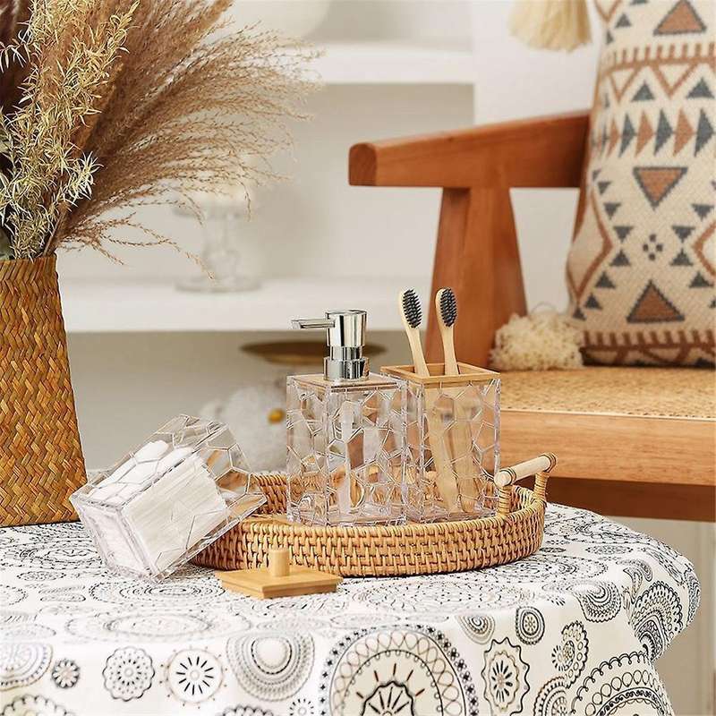Bathroom Accessories Set with Tray Bamboo Soap Dispenser Toothbrush Holder Cotton Wab Box Acrylic Cl