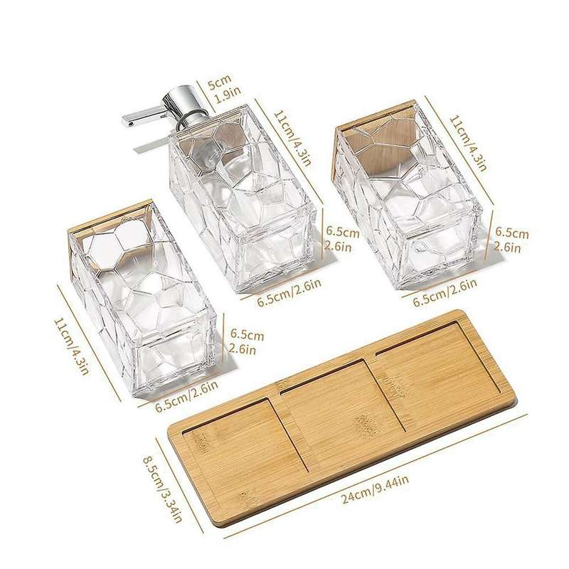 Bathroom Accessories Set with Tray Bamboo Soap Dispenser Toothbrush Holder Cotton Wab Box Acrylic Cl