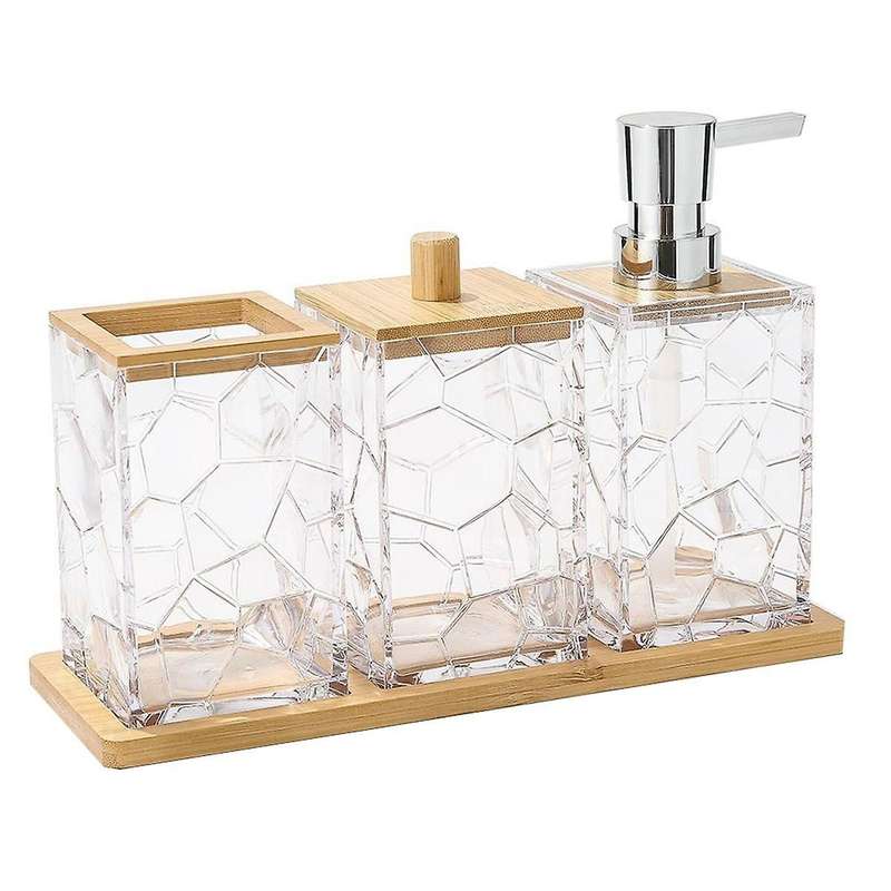 Bathroom Accessories Set with Tray Bamboo Soap Dispenser Toothbrush Holder Cotton Wab Box Acrylic Cl