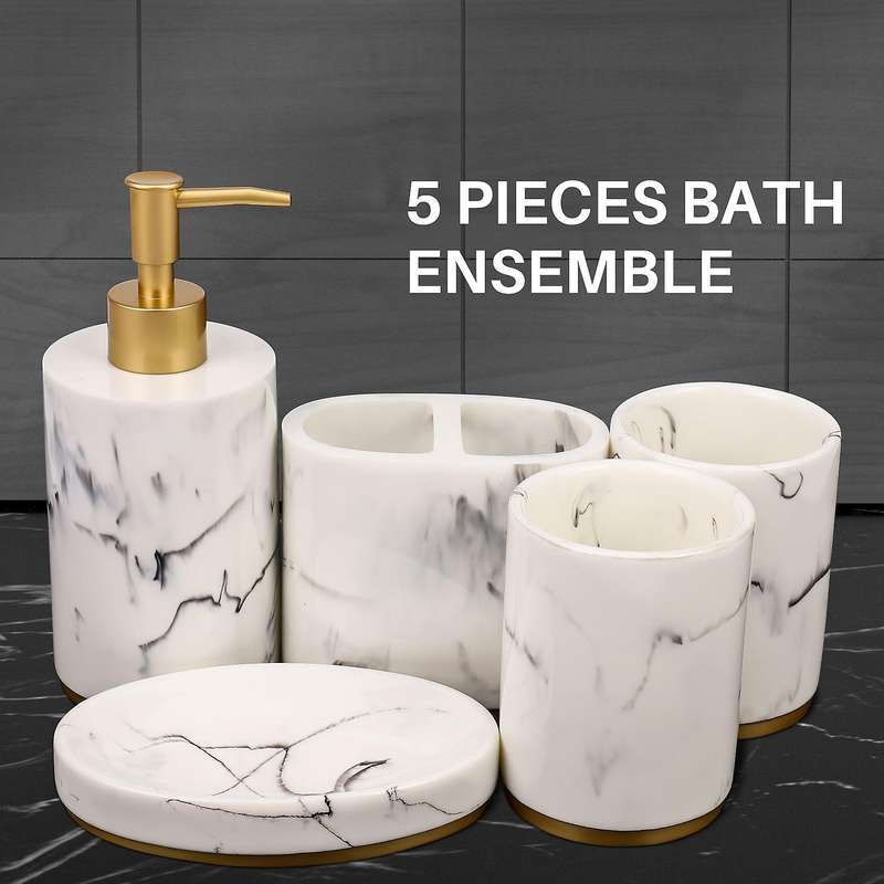 Bathroom Accessories Set, 5 Pieces Bath Ensemble, Bath Set Pattern Soap Dispenser Pump, Toothbrush