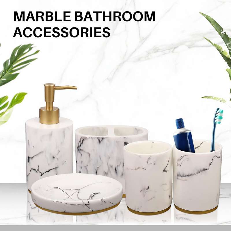 Bathroom Accessories Set, 5 Pieces Bath Ensemble, Bath Set Pattern Soap Dispenser Pump, Toothbrush