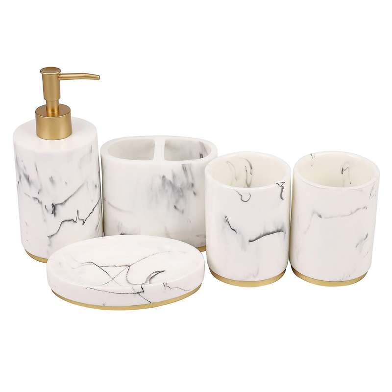 Bathroom Accessories Set, 5 Pieces Bath Ensemble, Bath Set Pattern Soap Dispenser Pump, Toothbrush
