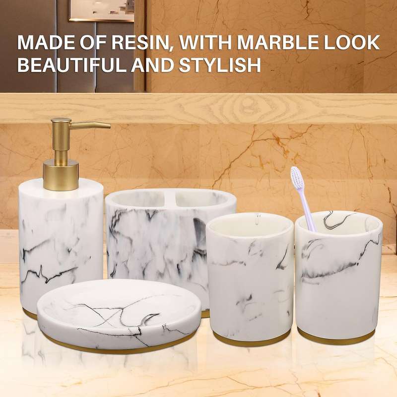 Bathroom Accessories Set, 5 Pieces Bath Ensemble, Bath Set Pattern Soap Dispenser Pump, Toothbrush