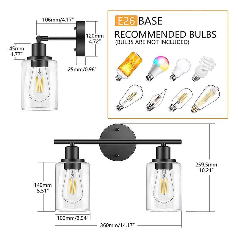 Bathroom Light Fixtures,2 Light Matte Black Vanity Light, Vintage Wall Sconces Lighting, Modern Bath