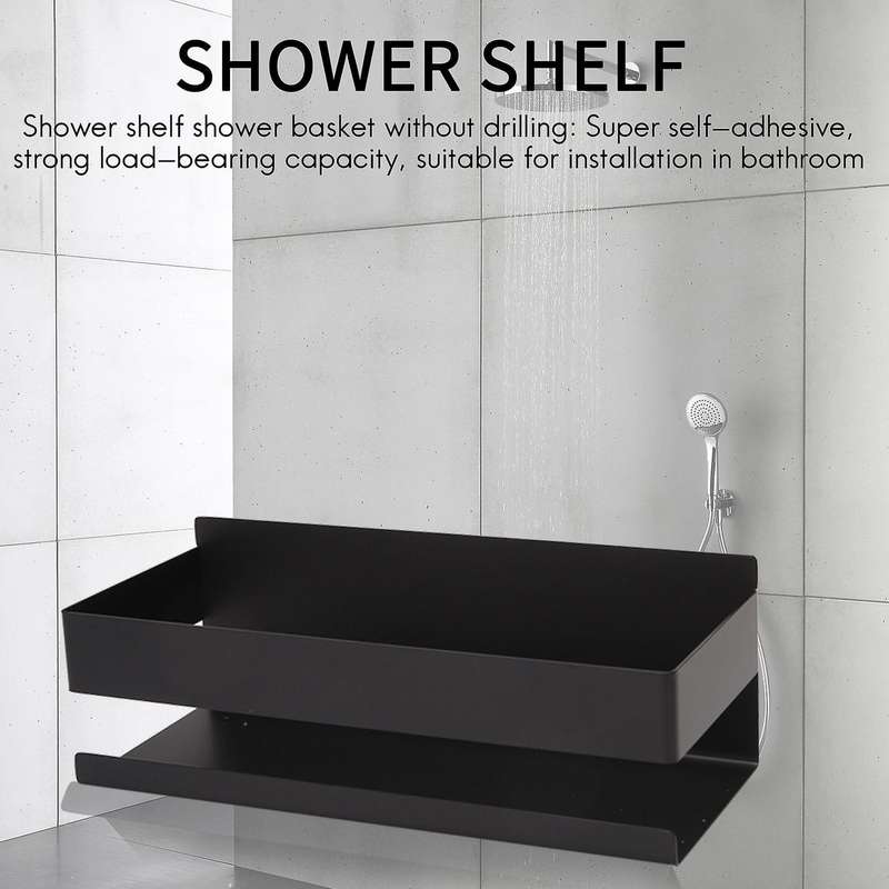 Bathroom Shower Shelf Adhesive Shower Shelf without Drilling Shower Basket with Hooks Black 22cm