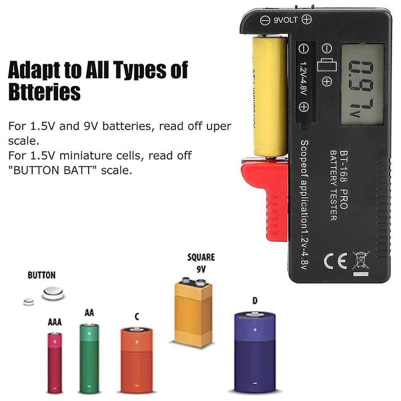 Battery Tester, 2PCS Digital Battery Capacity Checkered Tester Voltage Checker Battery Test Tool BT-
