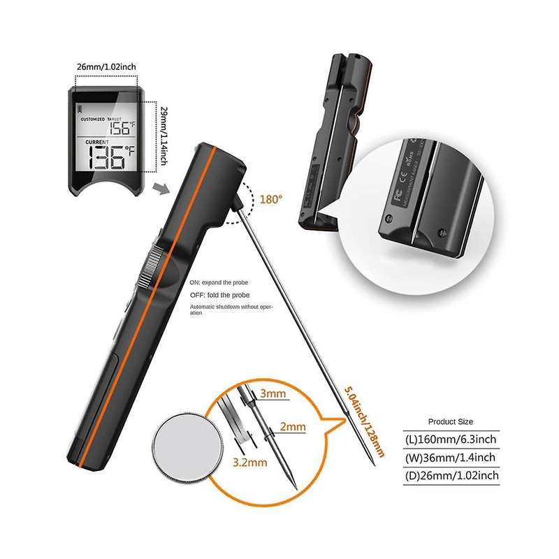 BBQ Cooking Food Thermometer Foldable BBQ Oven Meat Cooking Grill Thermometer with Timer Temperature