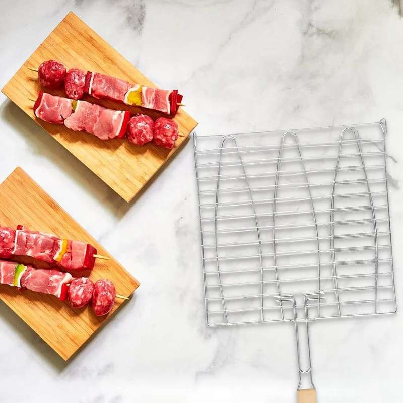 BBQ Fish Grill Net Barbecue Grilling Fish Rack Non-Stick Grilling Basket Wood Handle Barbecue Tool
