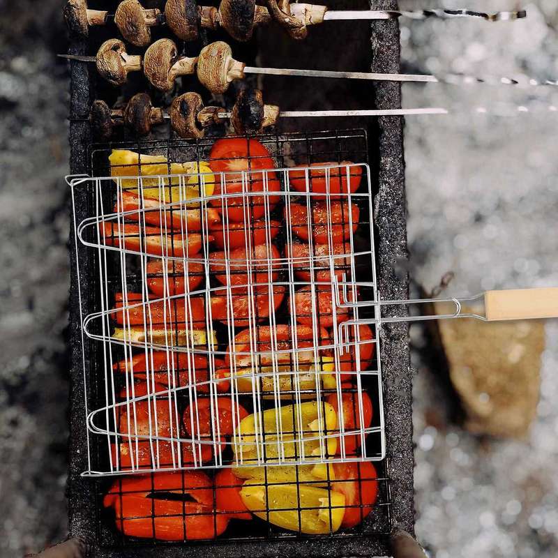 BBQ Fish Grill Net Barbecue Grilling Fish Rack Non-Stick Grilling Basket Wood Handle Barbecue Tool