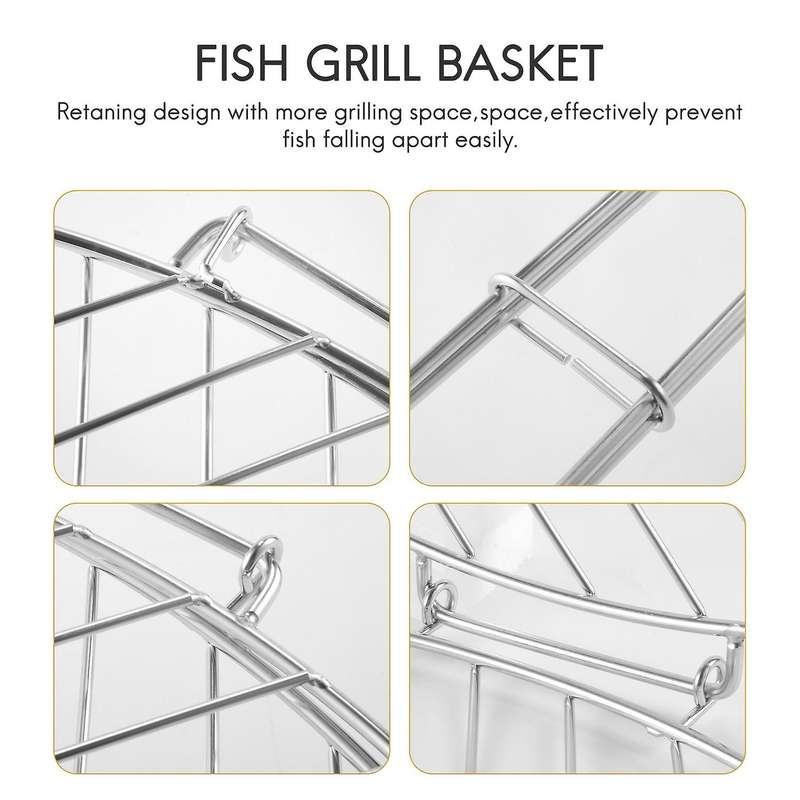 BBQ Fish Grill Basket Wire Rack with Grids Reusable Folding Grill Mesh Basket for Outdoor Garden BB
