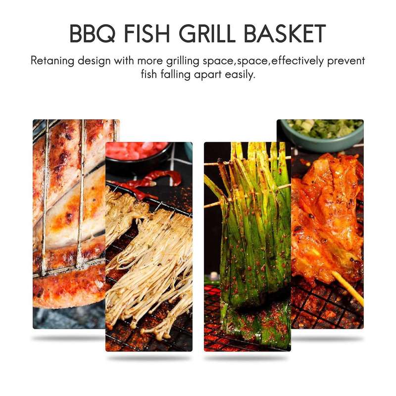BBQ Fish Grill Basket Wire Rack with Grids Reusable Folding Grill Mesh Basket for Outdoor Garden BB