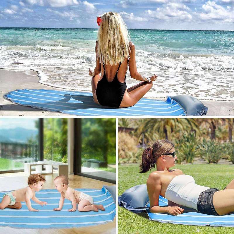 Beach Blanket Outdoor Picnic Mat Oversized Sleeping Pad Compact Pocket Blanket with Inflatable Pillo