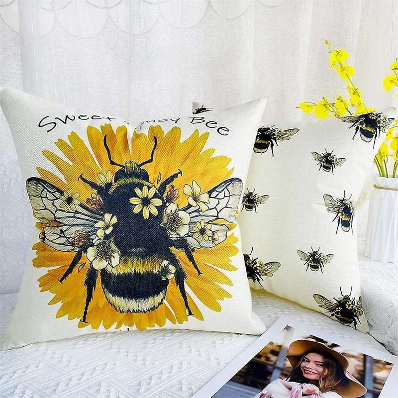 Bee Pillow Covers 18X18 Set of 4 Cushion Covers Farmhouse Throw Pillows Case Decorations for Couch