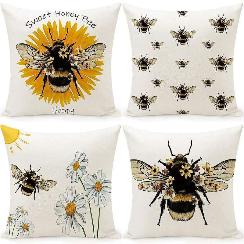 Bee Pillow Covers 18X18 Set of 4 Cushion Covers Farmhouse Throw Pillows Case Decorations for Couch