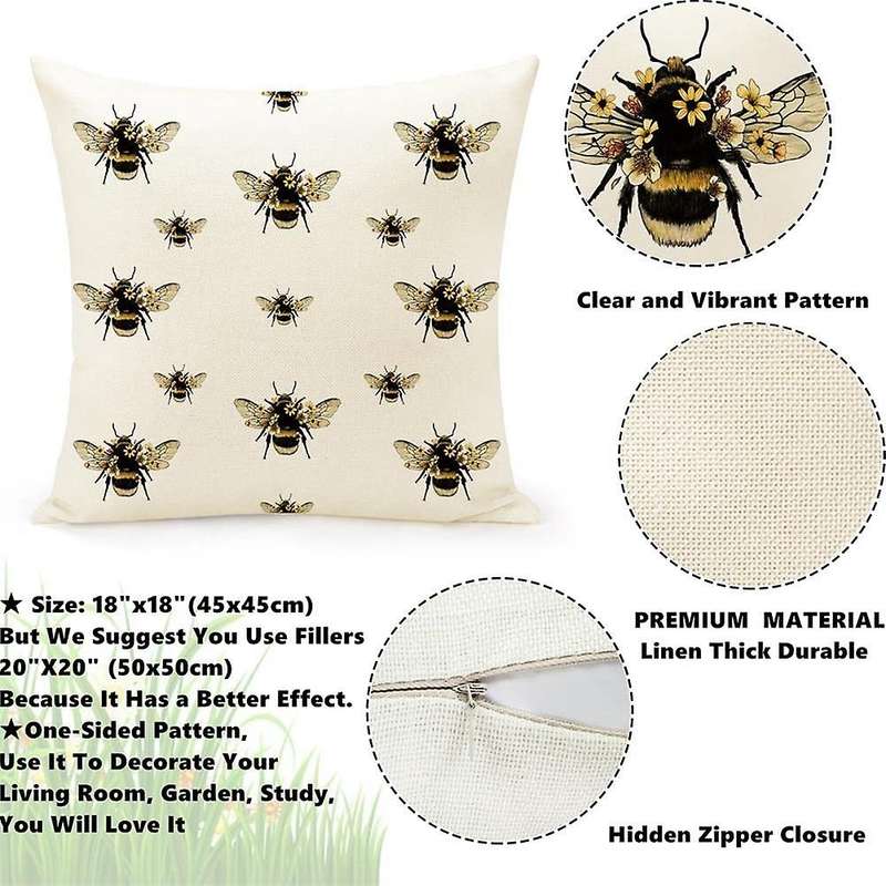 Bee Pillow Covers 18X18 Set of 4 Cushion Covers Farmhouse Throw Pillows Case Decorations for Couch
