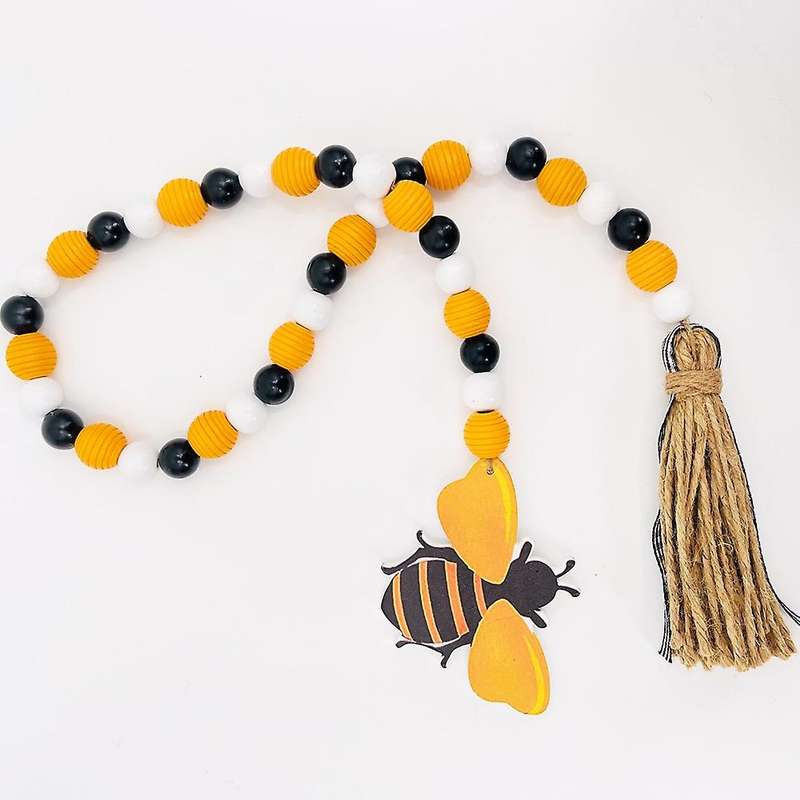 Bee Wood Bead Garland with Tassels, Spring Wooden Bead Garland Rustic Farmhouse Home Decorations fo