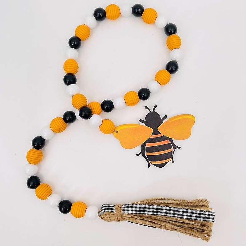Bee Wood Bead Garland with Tassels, Spring Wooden Bead Garland Rustic Farmhouse Home Decorations fo