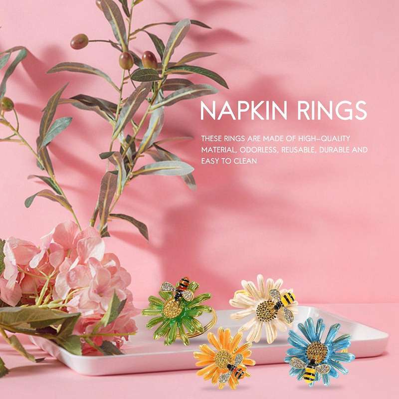Bee Flower Gold Napkin Rings, Holiday Napkin Rings 4-piece Set, Napkin Cloth, Napkin Buckle for Wed