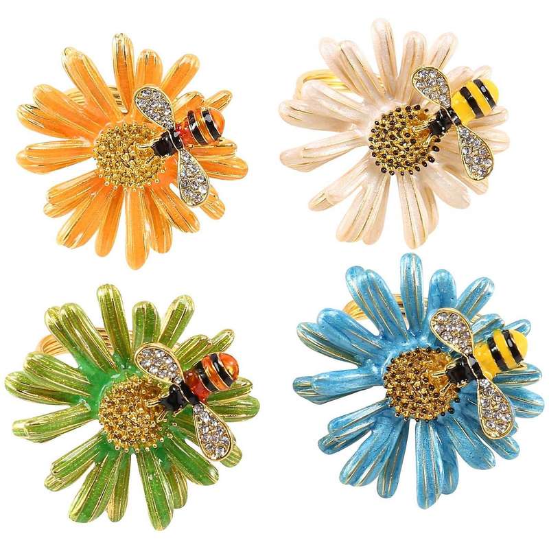 Bee Flower Gold Napkin Rings, Holiday Napkin Rings 4-piece Set, Napkin Cloth, Napkin Buckle for Wed