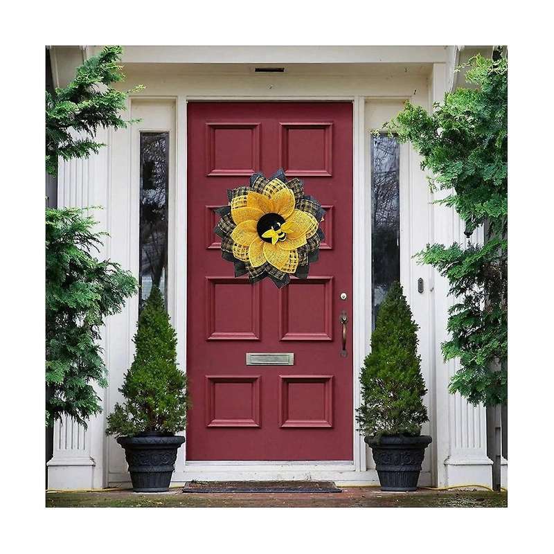 Bee Wreath for Front Door, Sunflower Hanging Wall Decor Bee Honey Artificial Decorations Wreaths Ea