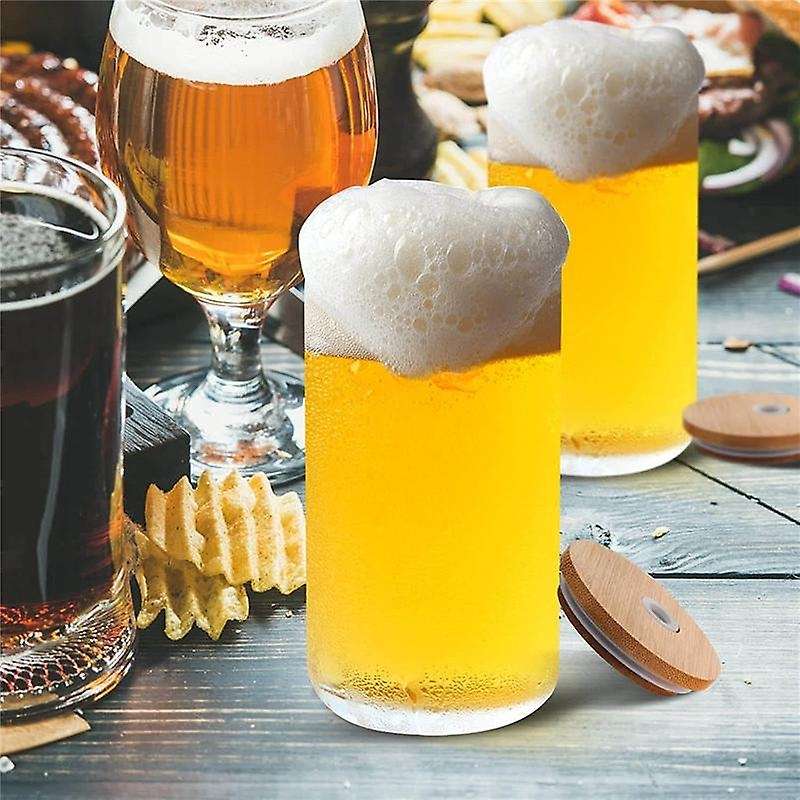 Beer Can Glass with Bamboo Lids and Glass Straws,4 Pack 16oz Drinking Glasses with Lids and Straws