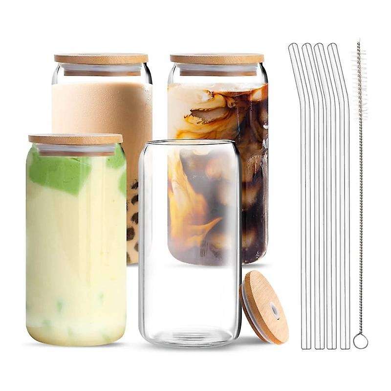 Beer Can Glass with Bamboo Lids and Glass Straws,4 Pack 16oz Drinking Glasses with Lids and Straws
