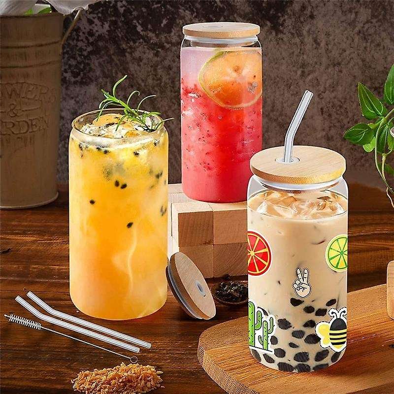 Beer Can Glass with Bamboo Lids and Glass Straws,4 Pack 16oz Drinking Glasses with Lids and Straws