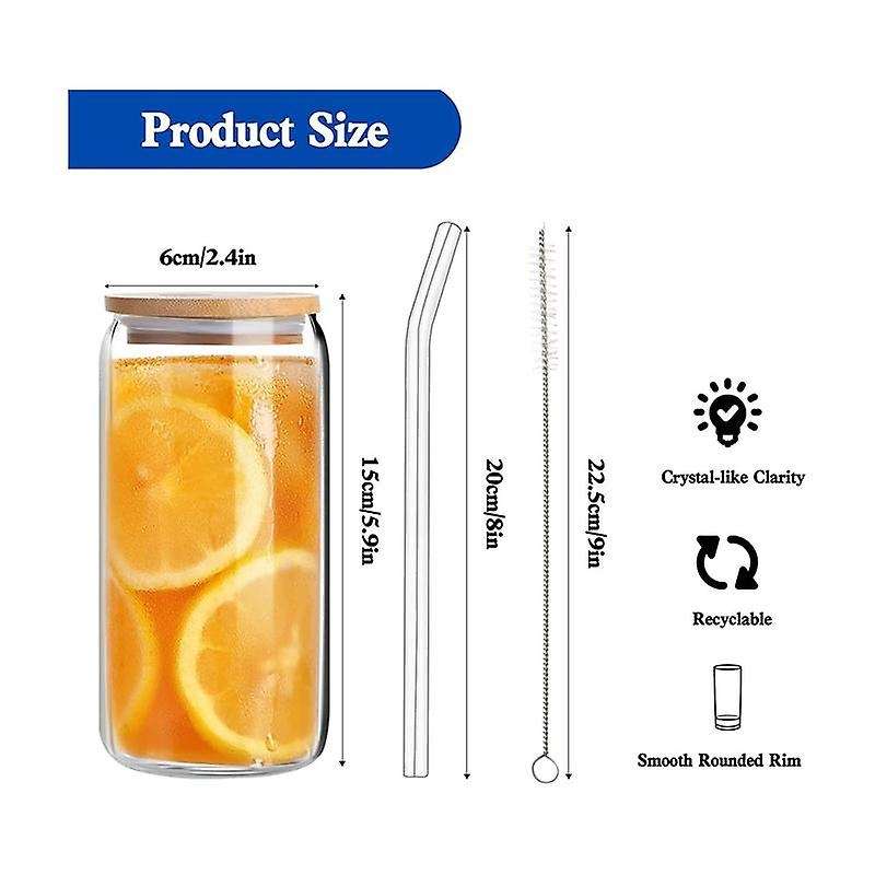 Beer Can Glass with Bamboo Lids and Glass Straws,4 Pack 16oz Drinking Glasses with Lids and Straws