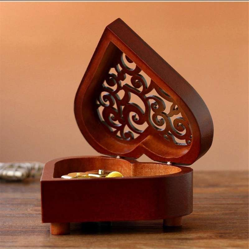 B-heart Shape Vintage Wood Carved Mechanism Musical Box Wind Up Music Box, Christmas/birthday/valent