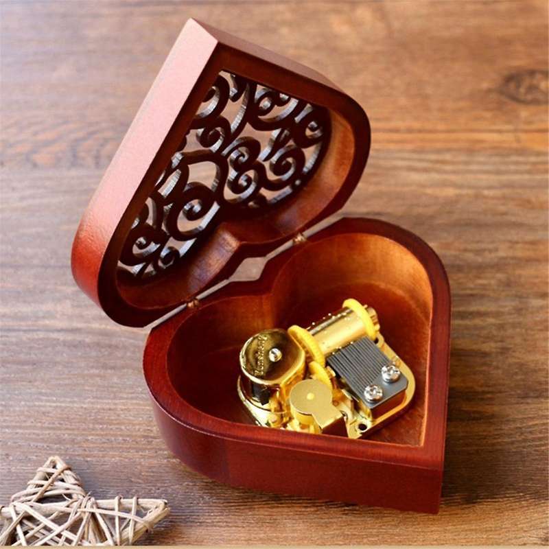 B-heart Shape Vintage Wood Carved Mechanism Musical Box Wind Up Music Box, Christmas/birthday/valent