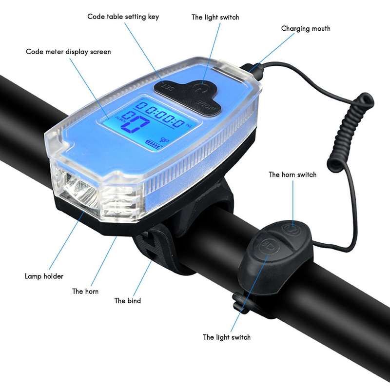 Bicycle Front Light with Stopwatch Bicycle Headlight with Horn Wireless Stopwatch Multifunctional Bi