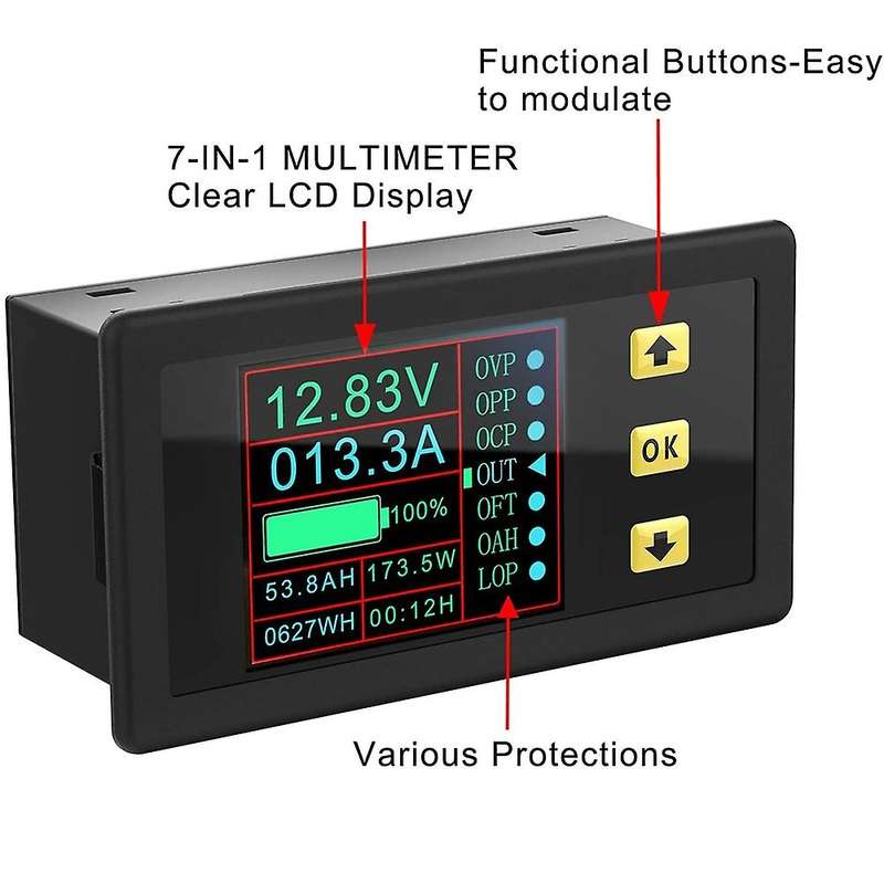 Bidirectional Volt Amp Meter, 90V 500A Voltage Current Battery Capacity Amp-Hour Watt-Hour Power Tim