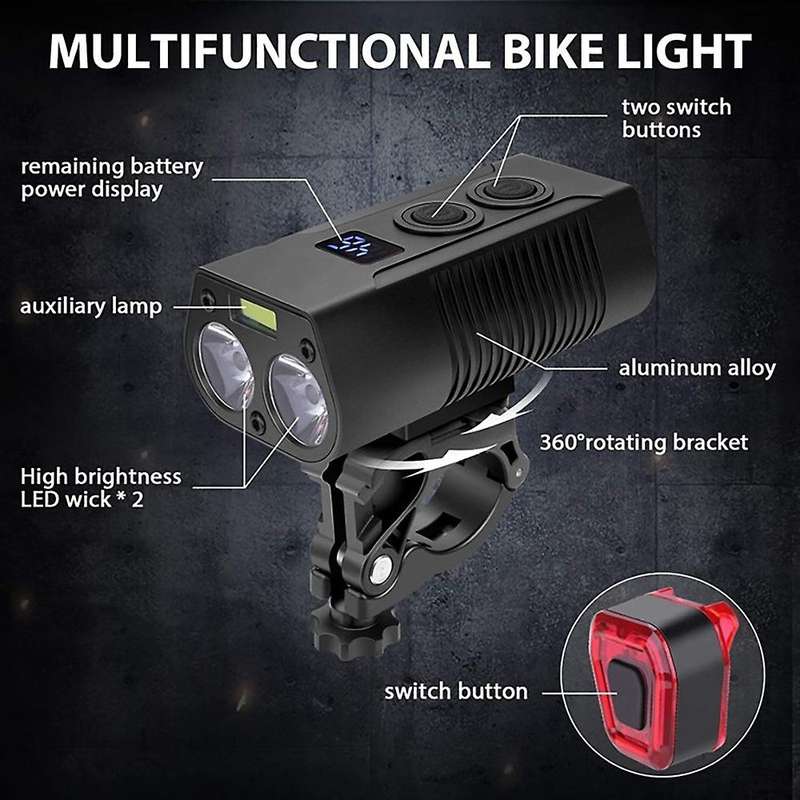 Bike Light Bike Headlight Taillight Handlebar USB Rechargeable Bicycle Front Rear Light with Power B