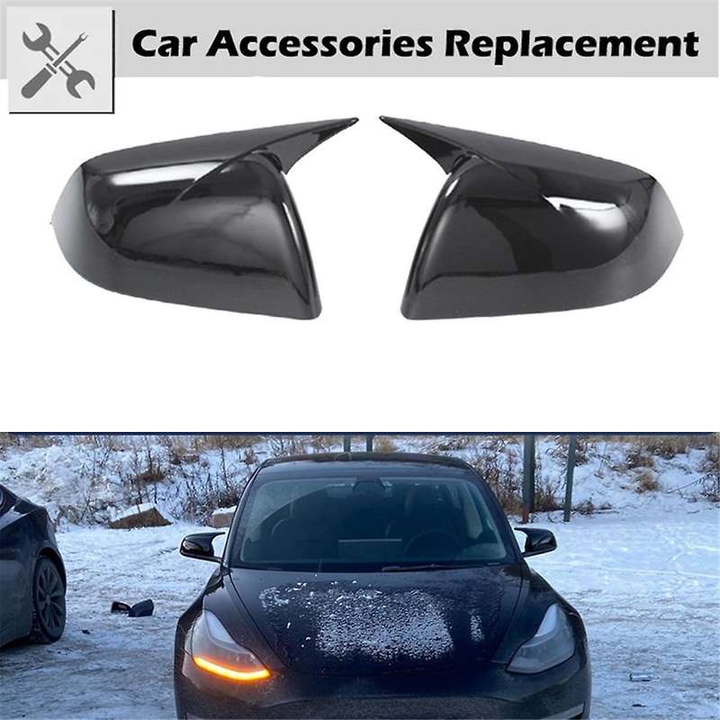 Black Carbon Fiber Black Car Horn Style Rearview Side Mirror Cover Caps for Model Y 2021 2022