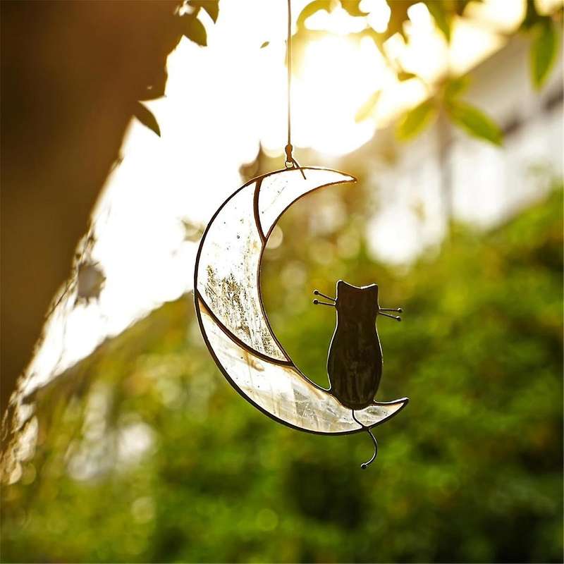 Black Sitting On White Moon Suncatcher,handcrafted Window Hangings,windows Panels Memorial Lovers