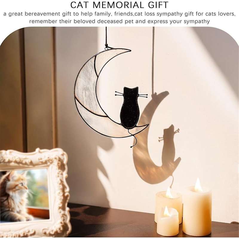 Black Sitting On White Moon Suncatcher,handcrafted Window Hangings,windows Panels Memorial Lovers