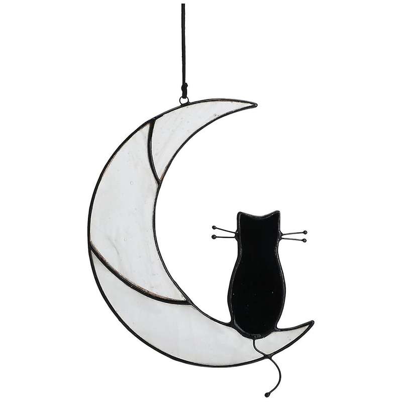 Black Sitting On White Moon Suncatcher,handcrafted Window Hangings,windows Panels Memorial Lovers