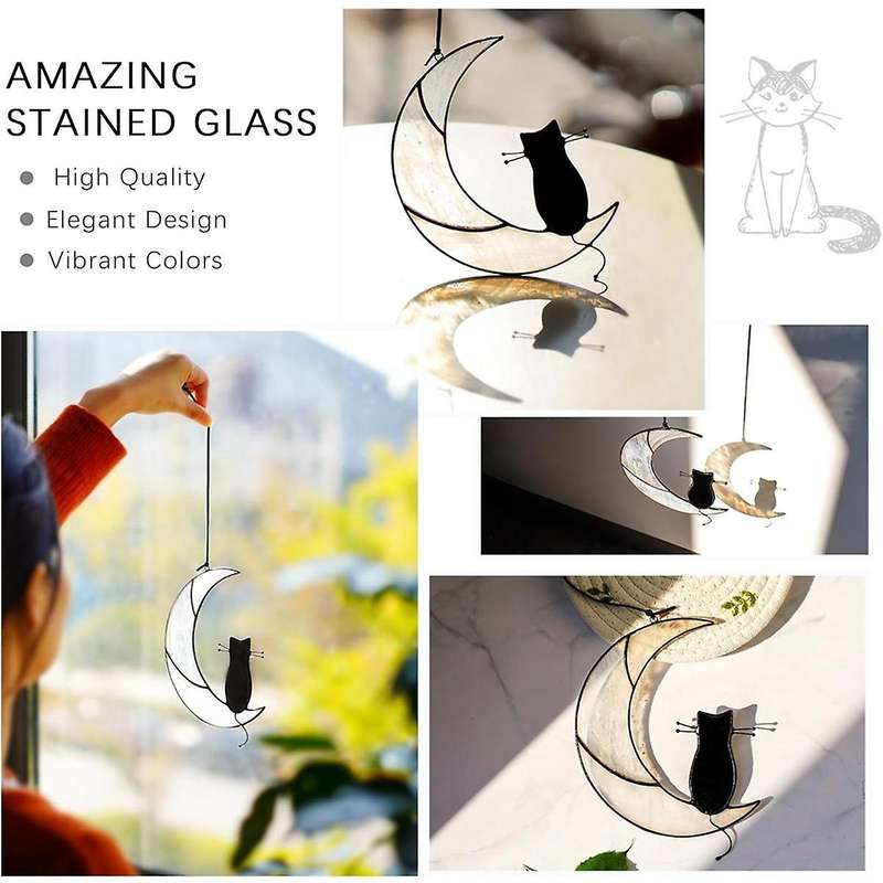 Black Sitting On White Moon Suncatcher,handcrafted Window Hangings,windows Panels Memorial Lovers