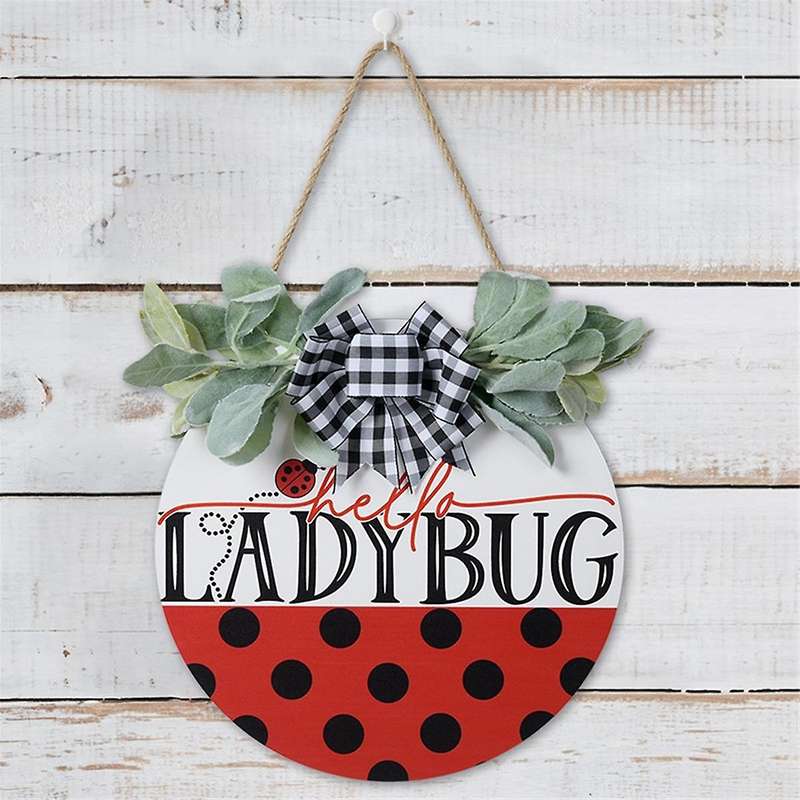Black Spring and Summer Welcome Sign for Front Door, Rustic Ladybug Decorative Wall Sign, Suitable f