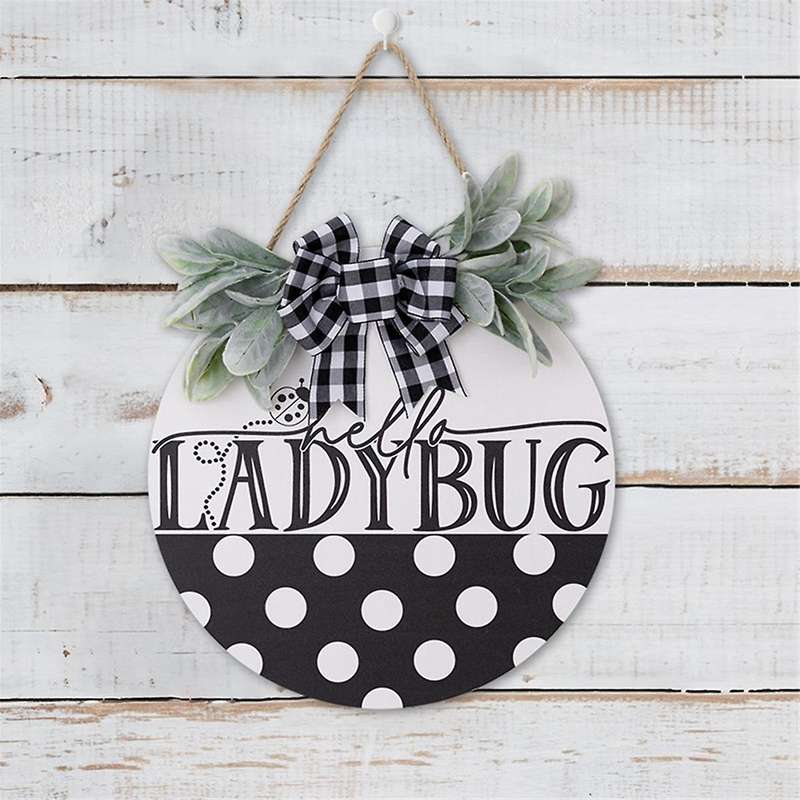 Black Spring and Summer Welcome Sign for Front Door, Rustic Ladybug Decorative Wall Sign, Suitable f