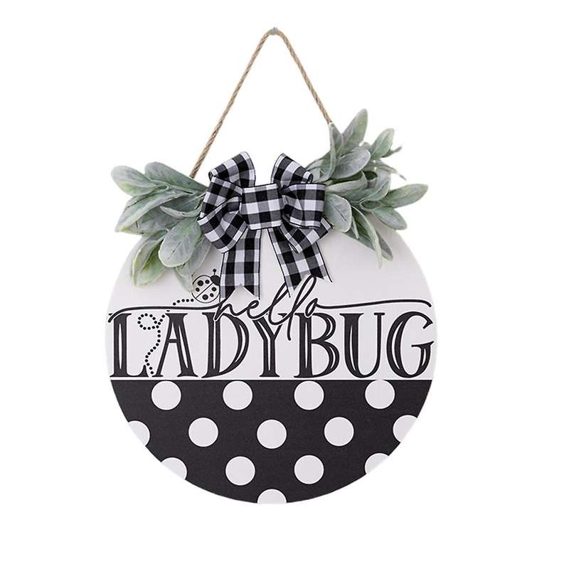 Black Spring and Summer Welcome Sign for Front Door, Rustic Ladybug Decorative Wall Sign, Suitable f