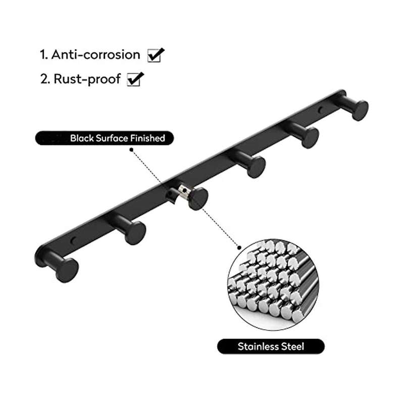 Black Towel Hook, Bathroom Wall Hook Rack with 6 Hooks Bedroom Coat Hook Kitchen Robe Hanger Wall M