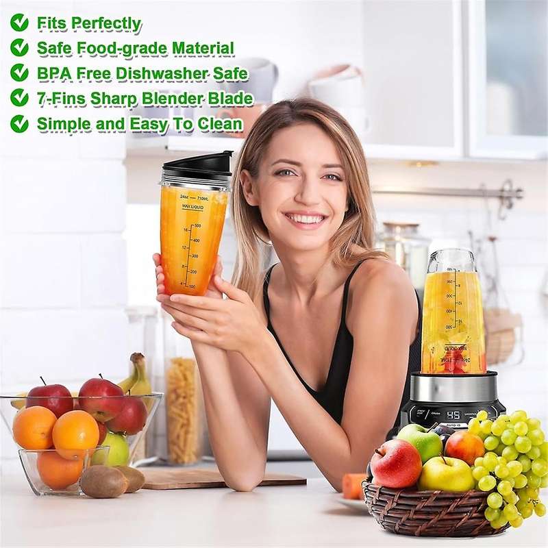 Blender Replacement Parts for , 2 24oz Blender Cups Replacement with To-Go Lids, 7-Fins Extractor Bl