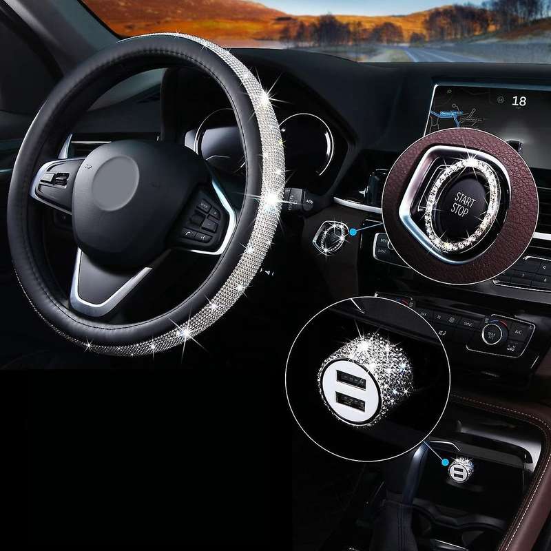 Bling Car Accessories Set, Bling Steering Wheel Cover for Women Universal Fit 15 Inch, Bling Car USB